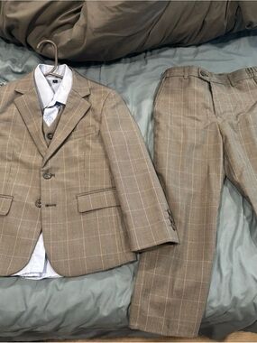 Andrew Fezza Boys Plaid Tan Suit Jacket and Pants Set